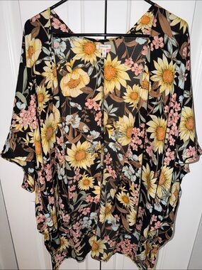 Maurices Black Floral Kimono Tunic with Yellow Sunflowers & Pink Blossoms